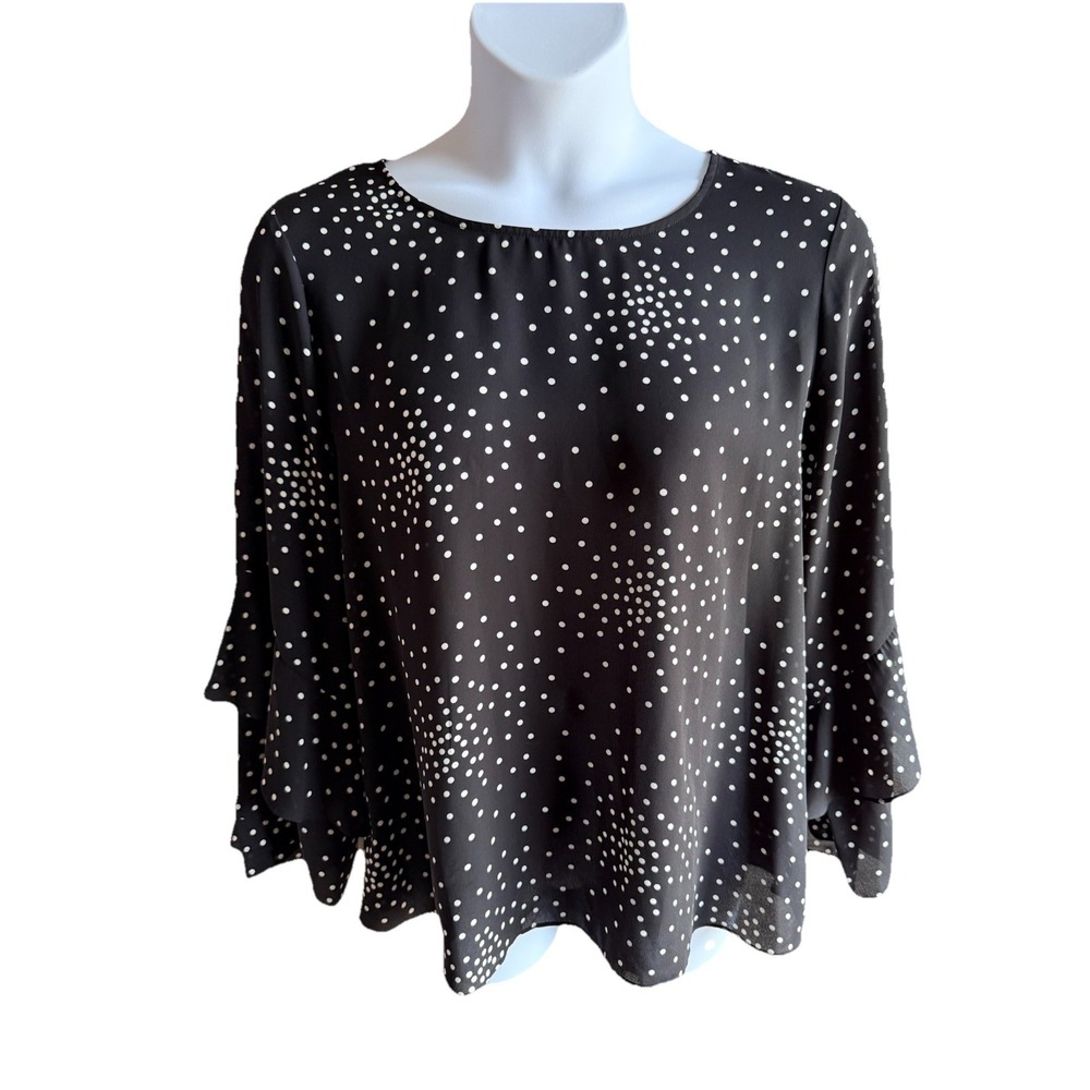 Worthington Polka Dot Shirt Size XL Flutter Sleeve Black & White